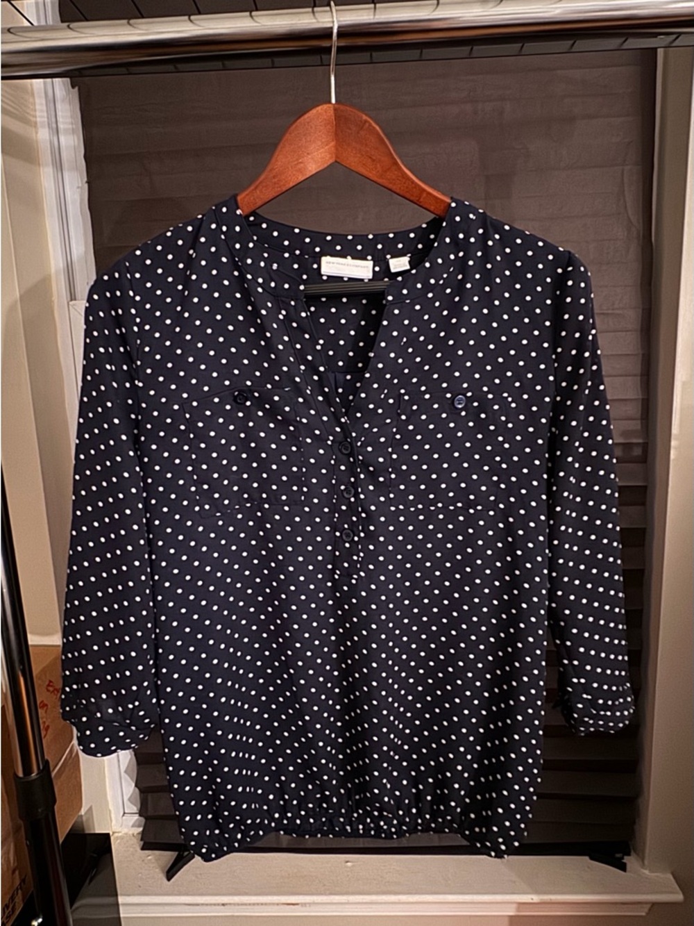 New York & Company Navy and White Polka Dot Button-Front Blouse